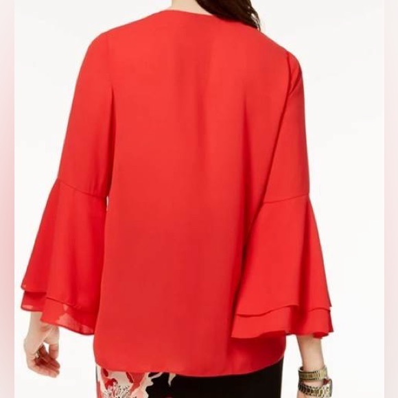 Alfani Red V-Neck Layered Bell-Sleeve Blouse - Picture 2 of 8